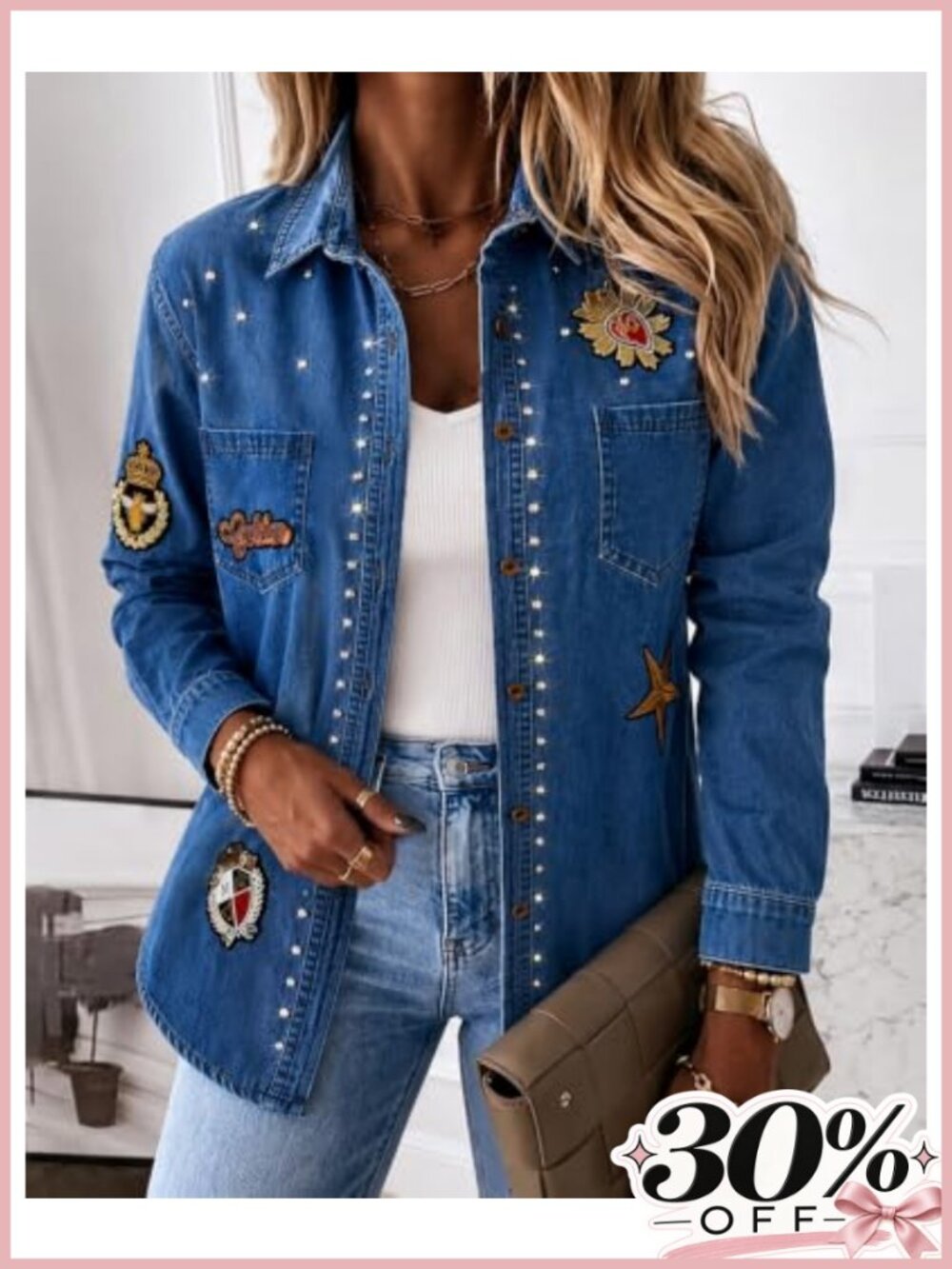 Oversized Rhinestone Denim Shacket Embroidered Button Down Jacket - Picture 2 of 5